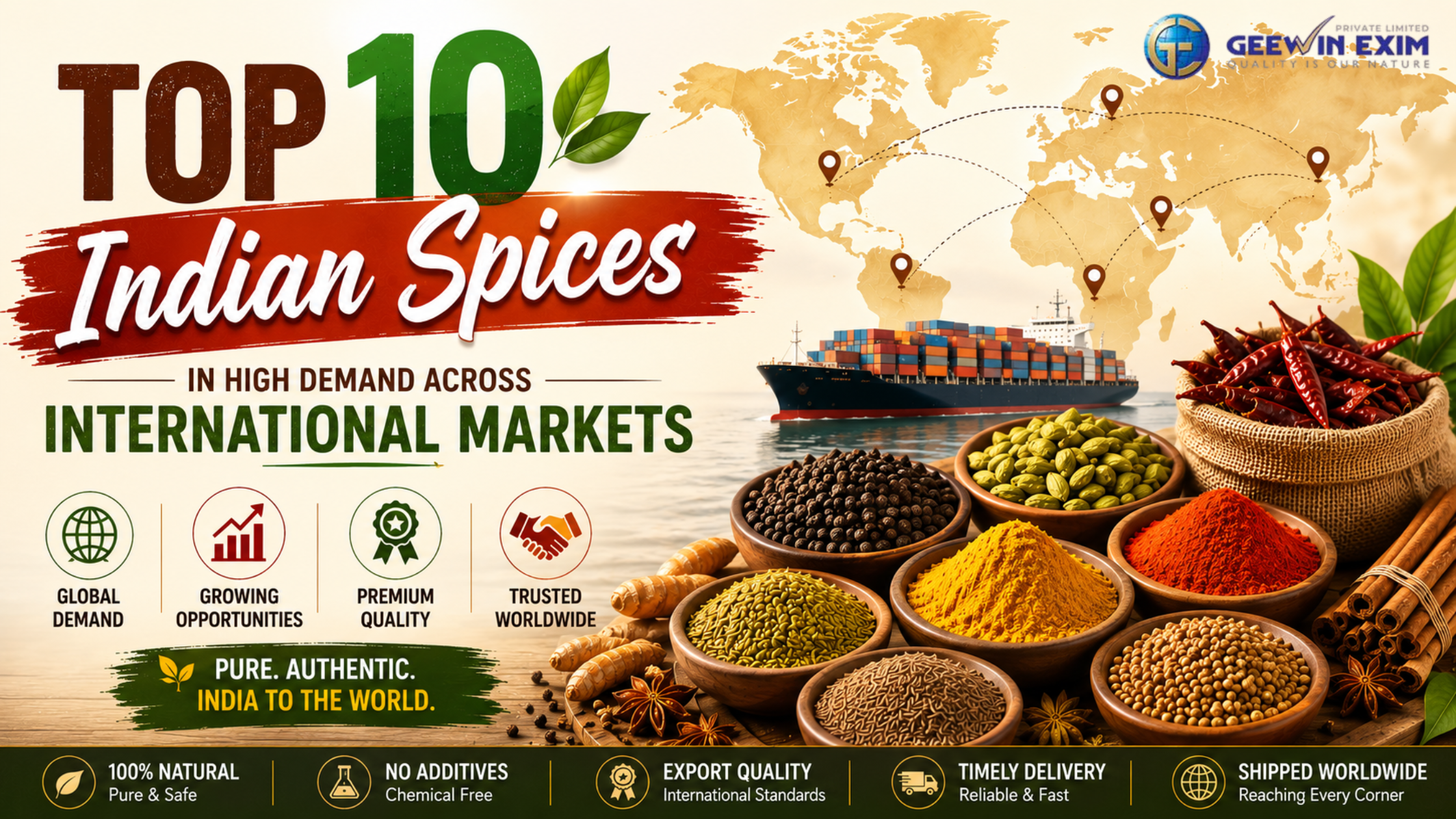Top 10 Indian spices in high demand for global export markets by Geewin Exim